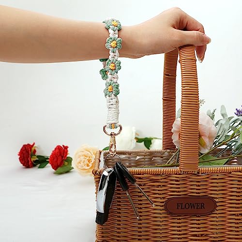 Poagoep Macrame Keychain Handmade Wristlet Keychain Wrist Lanyard for Keys Cute flower keychain Key Chain for Women(3)