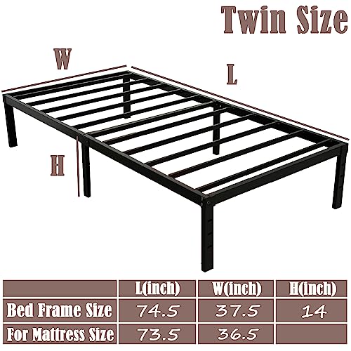 caziwhave Twin Bed Frame 14 Inch High Max 3500 lbs Heavy Duty Metal Mattress Foundation Platform Sturdy Steel Slat Support Twin Size No Box Spring Needed Easy to Assembly Noise Free Non Slip