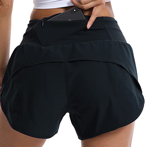 Kcutteyg Running Shorts for Women with Liner High Waisted Lightweight Womens Workout Shorts with Back Pocket- 4" (Black, M)