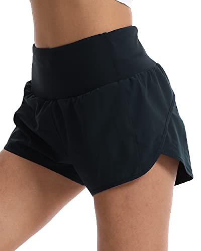 Kcutteyg Running Shorts for Women with Liner High Waisted Lightweight Womens Workout Shorts with Back Pocket- 4" (Black, M)