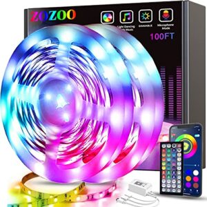 zozoo 100ft led lights for bedroom(2 rolls of 50ft), smart rgb led strip lights with 44-key remote & app control music sync with color changing for home party festival decoration