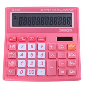 Office Desk Calculator 12 Digits with Solar Power and Easy to Read HD LCD Display, Big Buttons, for Financial Affairs,Home, Office, School, Class and Business,with Battery，Pink