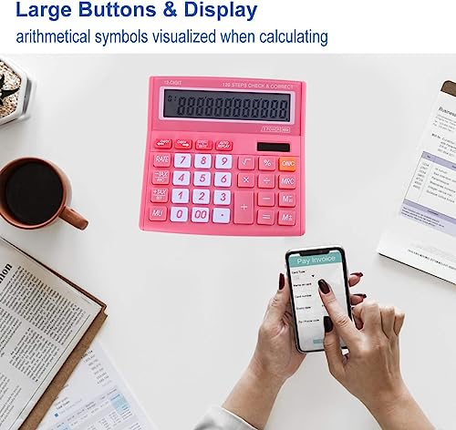 Office Desk Calculator 12 Digits with Solar Power and Easy to Read HD LCD Display, Big Buttons, for Financial Affairs,Home, Office, School, Class and Business,with Battery，Pink