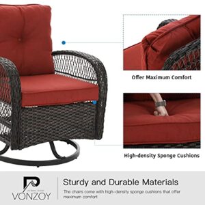 VONZOY 3 Pieces Patio Furniture Set, Outdoor Swivel Glider Rocker, Wicker Patio Bistro Set with Rocking Chair, Thickened Cushions and Table for Porch (Red)