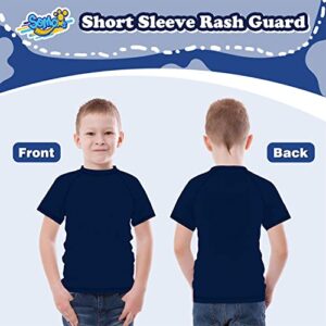 Boys Rash Guard Short Sleeve, Navy Blue UPF 50+ Sun Protection Rashguard Slim Fit Swim Shirt Fishing Surf Quick Dry Cool Beach Clothes for Toddler Youth Kids Size 7-8 Years