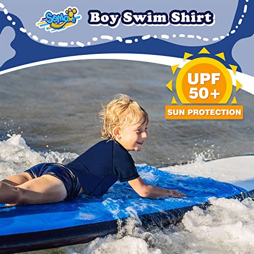 Boys Rash Guard Short Sleeve, Navy Blue UPF 50+ Sun Protection Rashguard Slim Fit Swim Shirt Fishing Surf Quick Dry Cool Beach Clothes for Toddler Youth Kids Size 7-8 Years