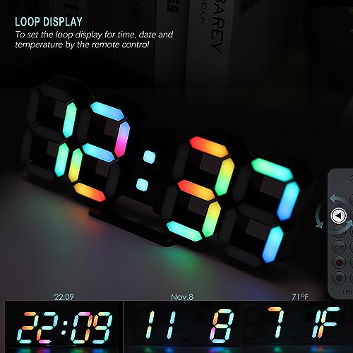 LED Digital Clock Neon Clock 9.7" Black Gaming Clock RGB LED Wall Clock for Living Room Desk Clock Large Display Aesthetic Clock for Bedroom, Colorful Rainbow Number Clock with Remote Control KOSUMOSU