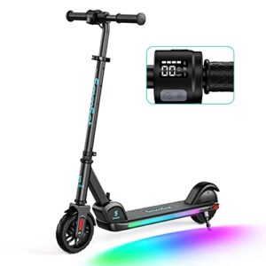 smoosat pro electric scooter for kids ages 8+ 130w, colorful rainbow lights, 5/8/10 mph, 60 min ride time, led display, adjustable height, foldable e-scooter for kids and teens, black
