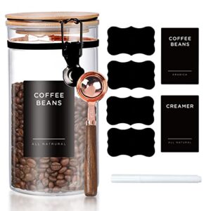 joyfulmap coffee bean canister with airtignt lids, 41oz/1200ml glass coffee jar with airtight locking clamp lids, spoons, labels, coffee storage set for kitchen, coffee bar,countertop(black)