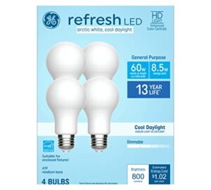 ge refresh 60-watt eq a19 cool daylight medium base (e-26) dimmable led light bulb (4-pack)