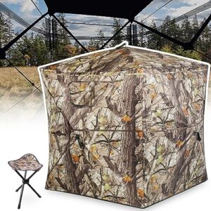 HUNT MONSTER Hunting Blind 2-3 Person with Tri-Leg Hunting Stool, 270 Degree See Through Pop up Ground Blinds for Deer Turkey Duck Hunting, Bow Hunting Adjust Windows with Silent Zipper