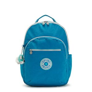 kipling women's seoul 17” laptop backpack, durable, roomy with padded shoulder straps, nylon bag, eager blue fun, 13.5''l x 18.3''h x 7.8''d