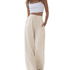 Faleave Women's Cotton Linen Summer Palazzo Pants Flowy Wide Leg Beach Trousers with Pockets(Apricot-XS)