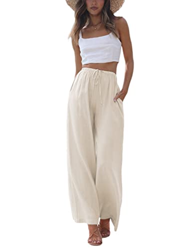 Faleave Women's Cotton Linen Summer Palazzo Pants Flowy Wide Leg Beach Trousers with Pockets(Apricot-XS)