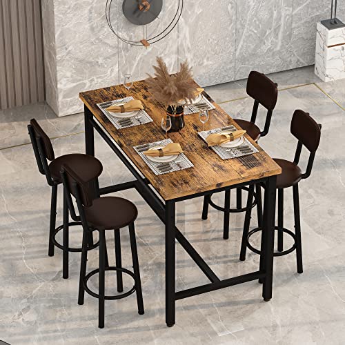 Lamerge Bar Table and Chairs Set Industrial Wood Kitchen Dining Table Space Saving Breakfast Bar Table Counter Height Pub Table with 4 PU Upholstered Chairs with Backrest 5 Pieces Home Kitchen Set