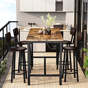 Lamerge Bar Table and Chairs Set Industrial Wood Kitchen Dining Table Space Saving Breakfast Bar Table Counter Height Pub Table with 4 PU Upholstered Chairs with Backrest 5 Pieces Home Kitchen Set