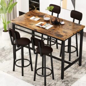 Lamerge Bar Table and Chairs Set Industrial Wood Kitchen Dining Table Space Saving Breakfast Bar Table Counter Height Pub Table with 4 PU Upholstered Chairs with Backrest 5 Pieces Home Kitchen Set