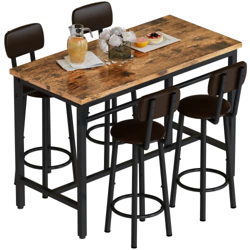 Lamerge Bar Table and Chairs Set Industrial Wood Kitchen Dining Table Space Saving Breakfast Bar Table Counter Height Pub Table with 4 PU Upholstered Chairs with Backrest 5 Pieces Home Kitchen Set