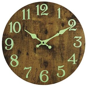 DIYZON Luminous Wall Clock, Silent Non-Ticking 12'' Night Light Wall Clocks Battery Operated, Country Style Wooden Illuminated Wall Clock Decorative for Kitchen, Home, Bedrooms, Office (Brown)