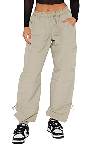 DISCIPBUSH Cargo Pants Women Baggy - Parachute Pants for Women Trendy, Womens Cargo Pants Y2K Pants, Baggy Pants Women, Streetwear Women Cargo Pants for Girls' Fashion, Khaki Pants for Women L