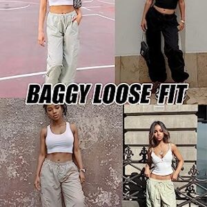 DISCIPBUSH Cargo Pants Women Baggy - Parachute Pants for Women Trendy, Womens Cargo Pants Y2K Pants, Baggy Pants Women, Streetwear Women Cargo Pants for Girls' Fashion, Khaki Pants for Women L