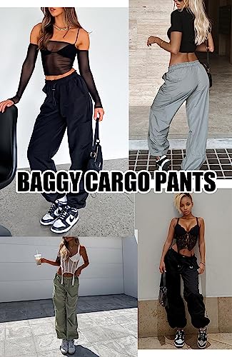 DISCIPBUSH Cargo Pants Women Baggy - Parachute Pants for Women Trendy, Womens Cargo Pants Y2K Pants, Baggy Pants Women, Streetwear Women Cargo Pants for Girls' Fashion, Khaki Pants for Women L