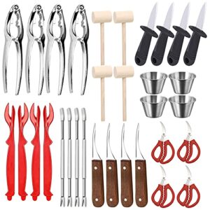 32 pcs seafood tools include crab crackers, seafood scissors,oyster knife, shrimp deveiner tool,lobster sheller, crab hammer,and shellfish forks,sauce cups and nutcracker set