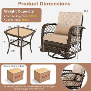 Tangkula 3-Piece Patio Swivel Rocker Set, Wicker Swivel Rocking Chairs w/Tempered Glass Coffee Table, 360° Swiveling & Smooth Rocking, Outdoor Rattan Rocking Set for Backyard, Balcony (Mix Brown)