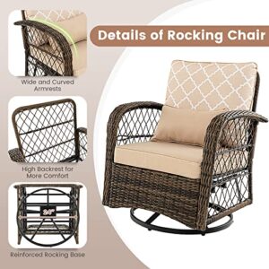 Tangkula 3-Piece Patio Swivel Rocker Set, Wicker Swivel Rocking Chairs w/Tempered Glass Coffee Table, 360° Swiveling & Smooth Rocking, Outdoor Rattan Rocking Set for Backyard, Balcony (Mix Brown)