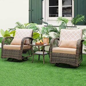 Tangkula 3-Piece Patio Swivel Rocker Set, Wicker Swivel Rocking Chairs w/Tempered Glass Coffee Table, 360° Swiveling & Smooth Rocking, Outdoor Rattan Rocking Set for Backyard, Balcony (Mix Brown)