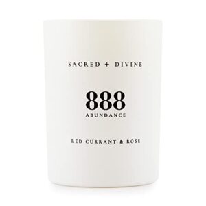 sacred + divine 888 "abundance scented intention candle, red currant and rose, angel number manifestation candle, soy coconut aromatherapy candle with 80 hour burn time