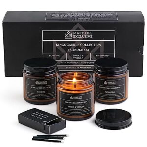 set of 3 4oz scented candles for men gift set | by the fire | woodwick crackling masculine scent candles | manly tobacco, fire & mahogany teakwood soy candles | unique gift