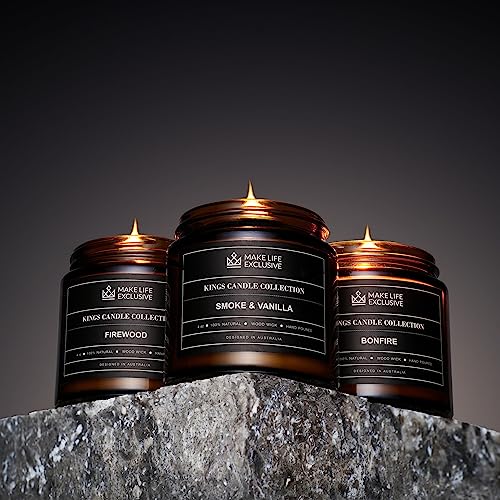 Set of 3 4oz Scented Candles for Men Gift Set | by The Fire | Woodwick Crackling Masculine Scent Candles | Manly Tobacco, Fire & Mahogany Teakwood Soy Candles | Unique Gift