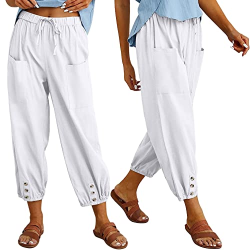 Women's High Waist Style Loose Pants Drawstring Capri Pants with Pockets Wide Leg Ankle Cropped Pants for Women White