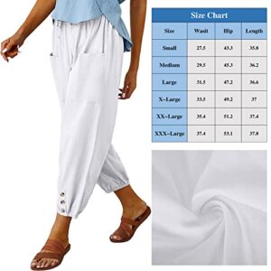 Women's High Waist Style Loose Pants Drawstring Capri Pants with Pockets Wide Leg Ankle Cropped Pants for Women White