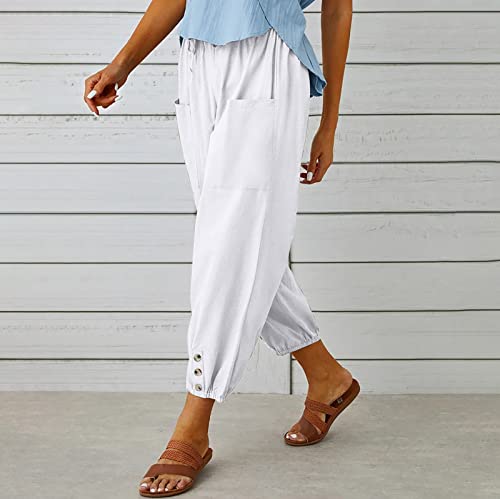 Women's High Waist Style Loose Pants Drawstring Capri Pants with Pockets Wide Leg Ankle Cropped Pants for Women White