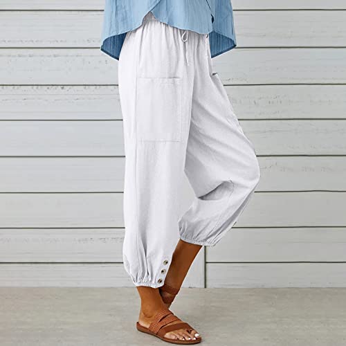 Women's High Waist Style Loose Pants Drawstring Capri Pants with Pockets Wide Leg Ankle Cropped Pants for Women White