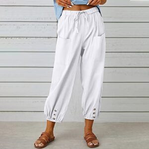 Women's High Waist Style Loose Pants Drawstring Capri Pants with Pockets Wide Leg Ankle Cropped Pants for Women White