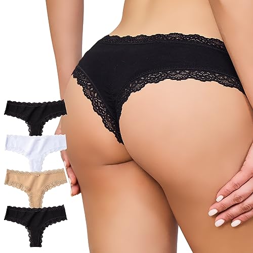 XYKrissas Seamless Lace Thongs for Women，Low Waist Sexy Cotton Thongs for Women，Women's Breathable G String Panties Pack of 3, M