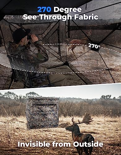 KEMIMOTO Hunting Blind 2-3 Person, See Through Ground Blind 270 Degree Pop Up, Portable Camo Tent for Deer & Turkey Hunting