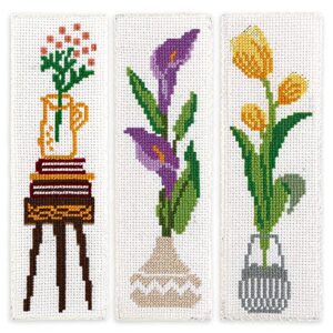 caydo 3 pieces cross stitch bookmark kits, flowers stamped embroidery bookmark with backing felt and instructions beginner cross stitch kits for adults, book lovers, 14 ct