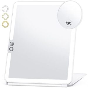 large travel makeup mirror with 10x magnifying mirror, travel lighted makeup mirror, 3 color lighting, rechargeable 2000mah batteries, portable ultra slim vanity mirror, travel accessories for women