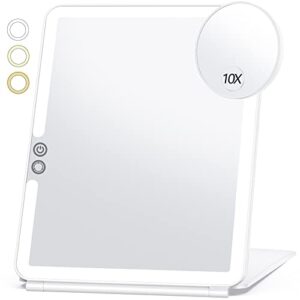 Large Travel Makeup Mirror with 10X Magnifying Mirror, Travel Lighted Makeup Mirror, 3 Color Lighting, Rechargeable 2000mAh Batteries, Portable Ultra Slim Vanity Mirror, Travel Accessories for Women