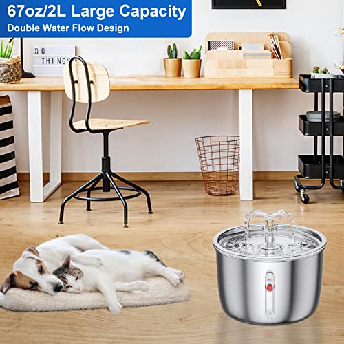 Spofan Cat Water Fountain Stainless Steel, 67oz/2L Pet Water Fountain Ultra Quiet Pump Cat Automatic Water Dispenser 3 Flow Modes for Inside Cats Small Dogs Puppies Multiple Pets Watering Supplies