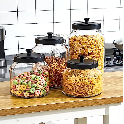 meekoo 4 Set Glass Jars with Black Lids 34/67/101/128 oz Glass Canister Set with Sealed Matte Metal Lid for Kitchen Organizer Food Storage Jars for Candy Coffee Cookies