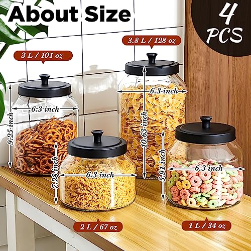 meekoo 4 Set Glass Jars with Black Lids 34/67/101/128 oz Glass Canister Set with Sealed Matte Metal Lid for Kitchen Organizer Food Storage Jars for Candy Coffee Cookies