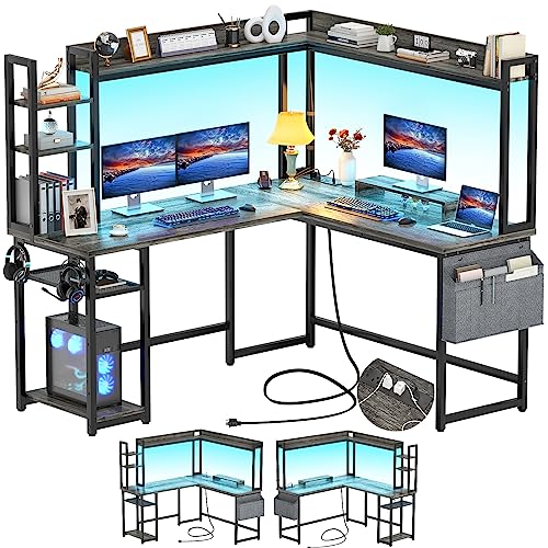 Aheaplus L Shaped Desk with Power Outlet, L Shaped Gaming Desk with Led Light & Hutch, Reversible Home Office Desk, Corner Computer Desk Writing Desk with Monitor Stand & Storage Shelves, Grey Oak