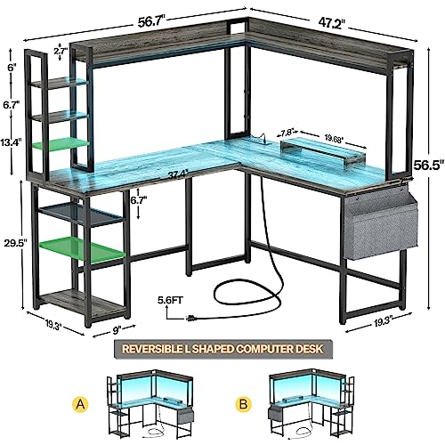 Aheaplus L Shaped Desk with Power Outlet, L Shaped Gaming Desk with Led Light & Hutch, Reversible Home Office Desk, Corner Computer Desk Writing Desk with Monitor Stand & Storage Shelves, Grey Oak