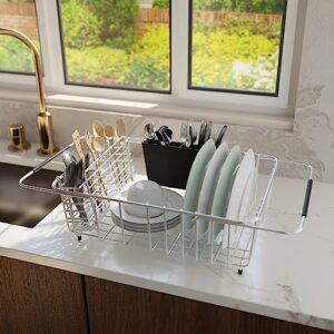 KESOL Over The Sink Drying Rack, Expandable Dish Rack with 2 Utensil Holders (1 Plastic & 1 Steel), 304 Stainless Steel Drying Rack for Kitchen Sink with Anti-Scratch Base, Rustproof Dish Drainer