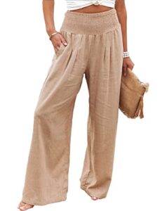 mingzhu women's cotton linen loose fit palazzo pants casual high waist stretchy wide-leg trousers with pockets (0546-khaki-l)